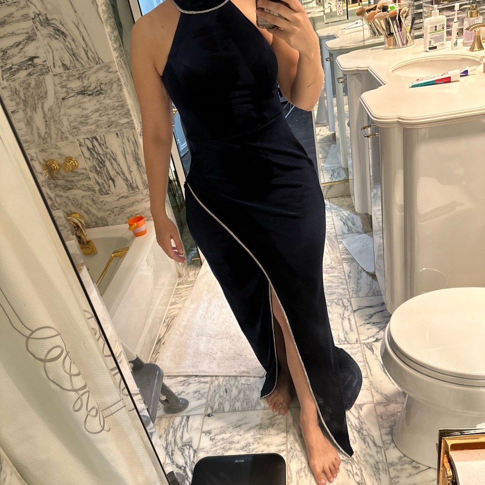 Navy velvet high neck custom gown with train and studded slit size medium